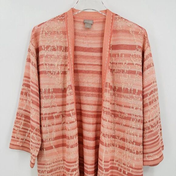 Chico's Size 1 Medium Pink Striped Open Front Embroidered Cardigan Sweater - Picture 2 of 8